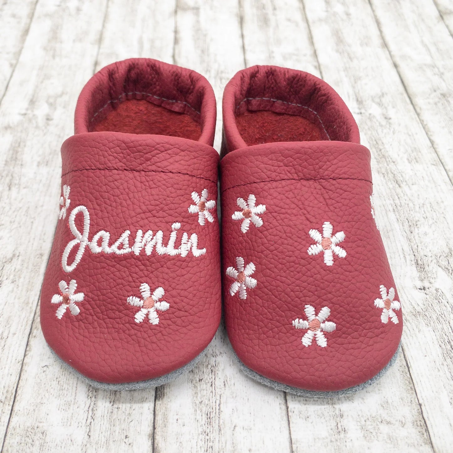 Krabbelschuhe aus Leder - personalisierbar mit Blumen