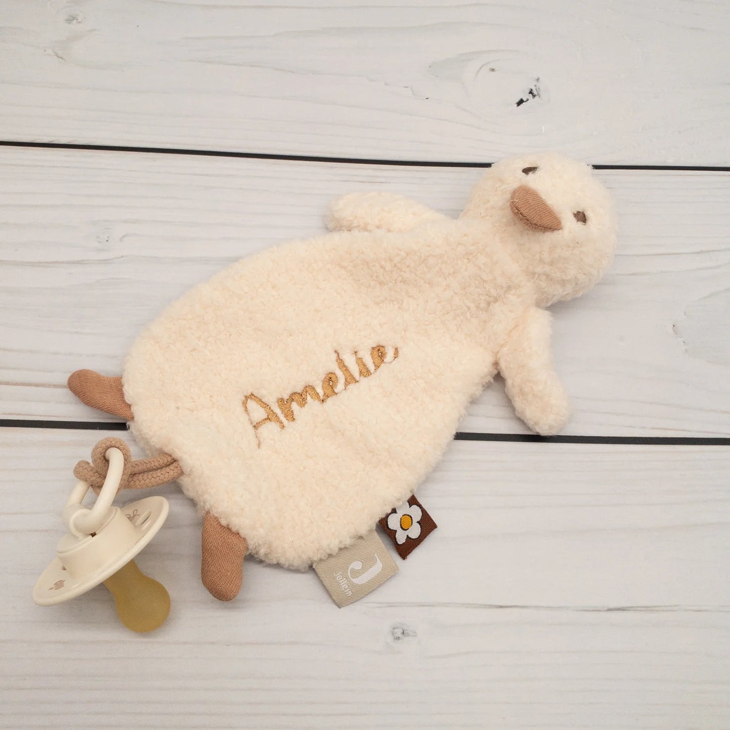 Personalisierbares Schmusetuch Bär, Ente oder Mond | mit Schnullerhalter & Name