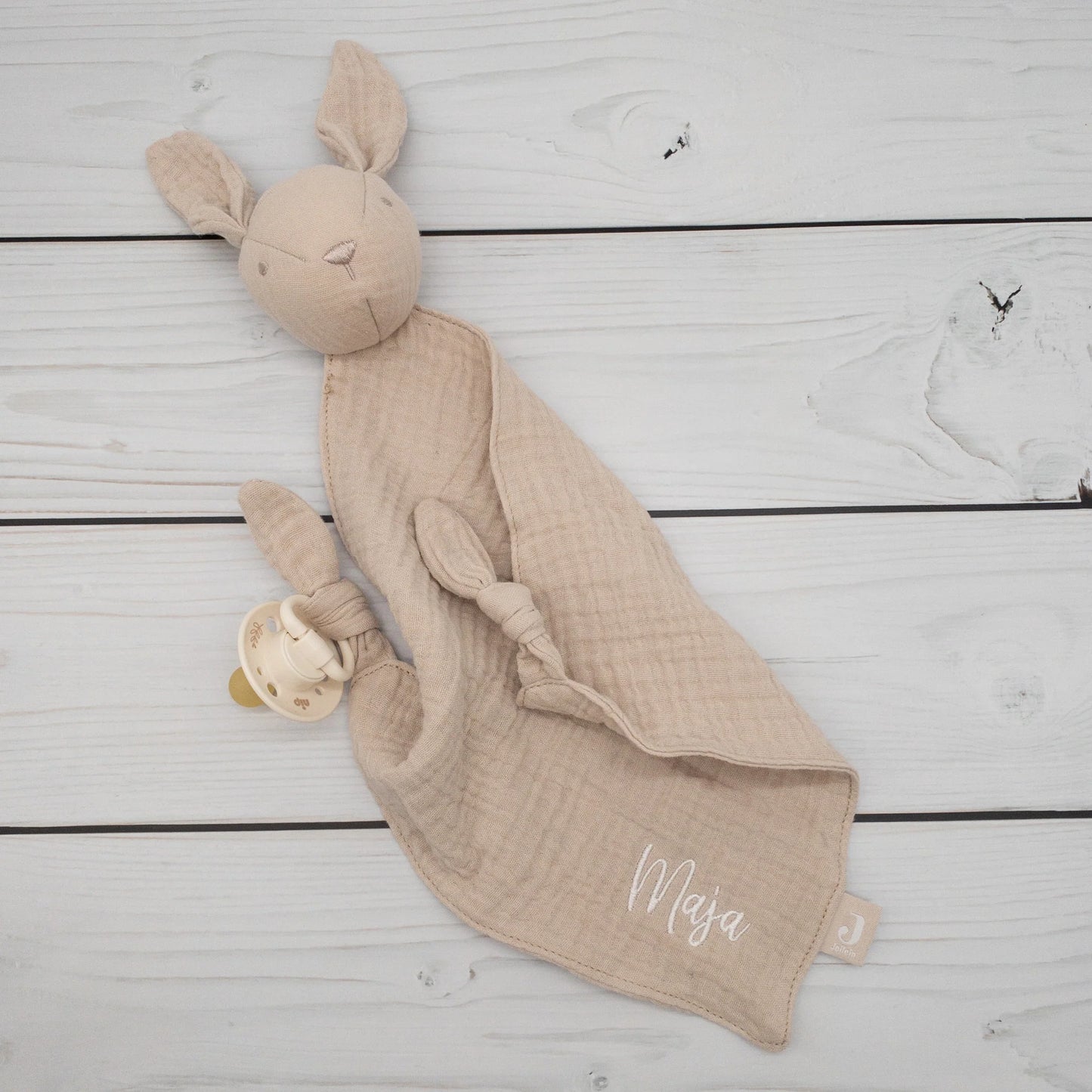Schmusetuch Hase aus Musselin – mit Name bestickt & Schnullerhalter