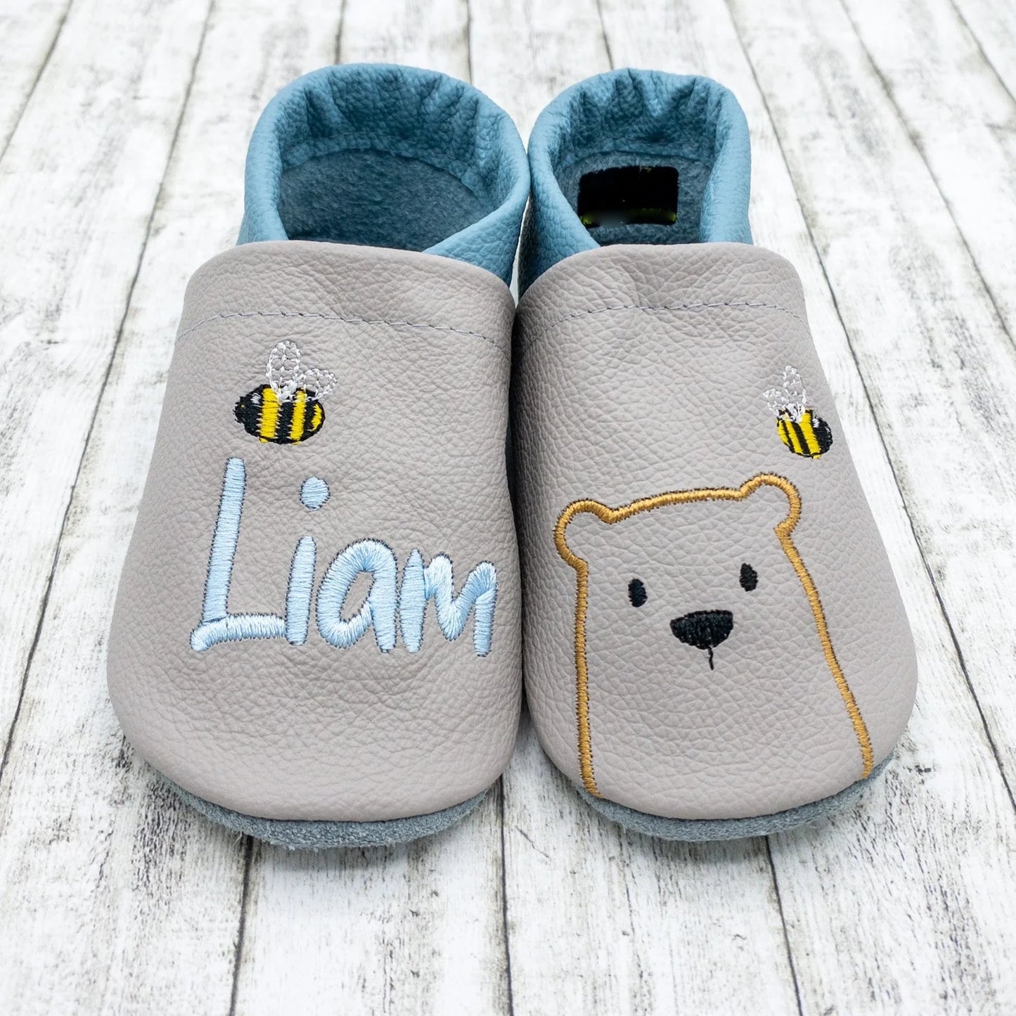 Krabbelschuhe aus Leder - personalisierbar mit Bär & Biene