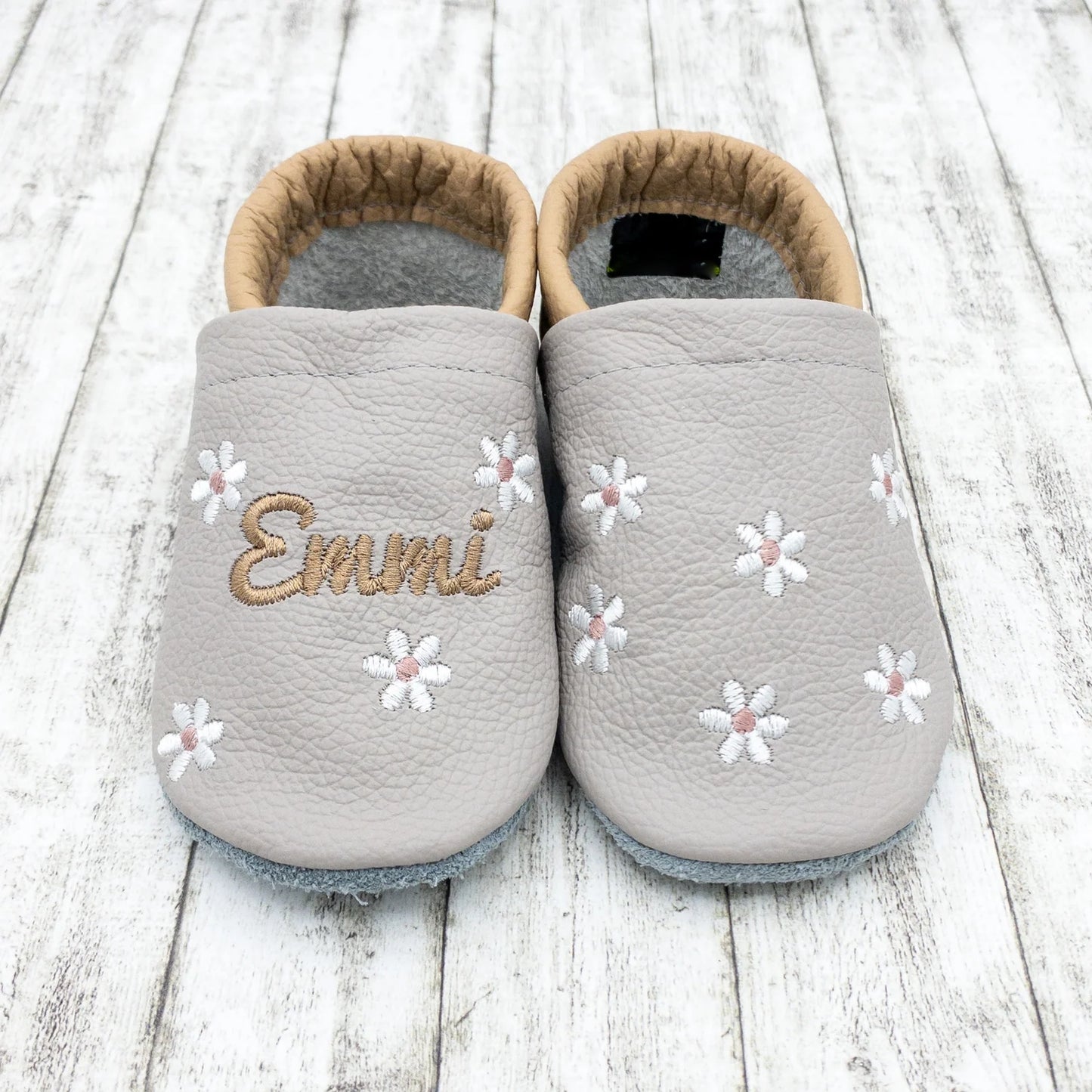 Krabbelschuhe aus Leder - personalisierbar mit Blumen