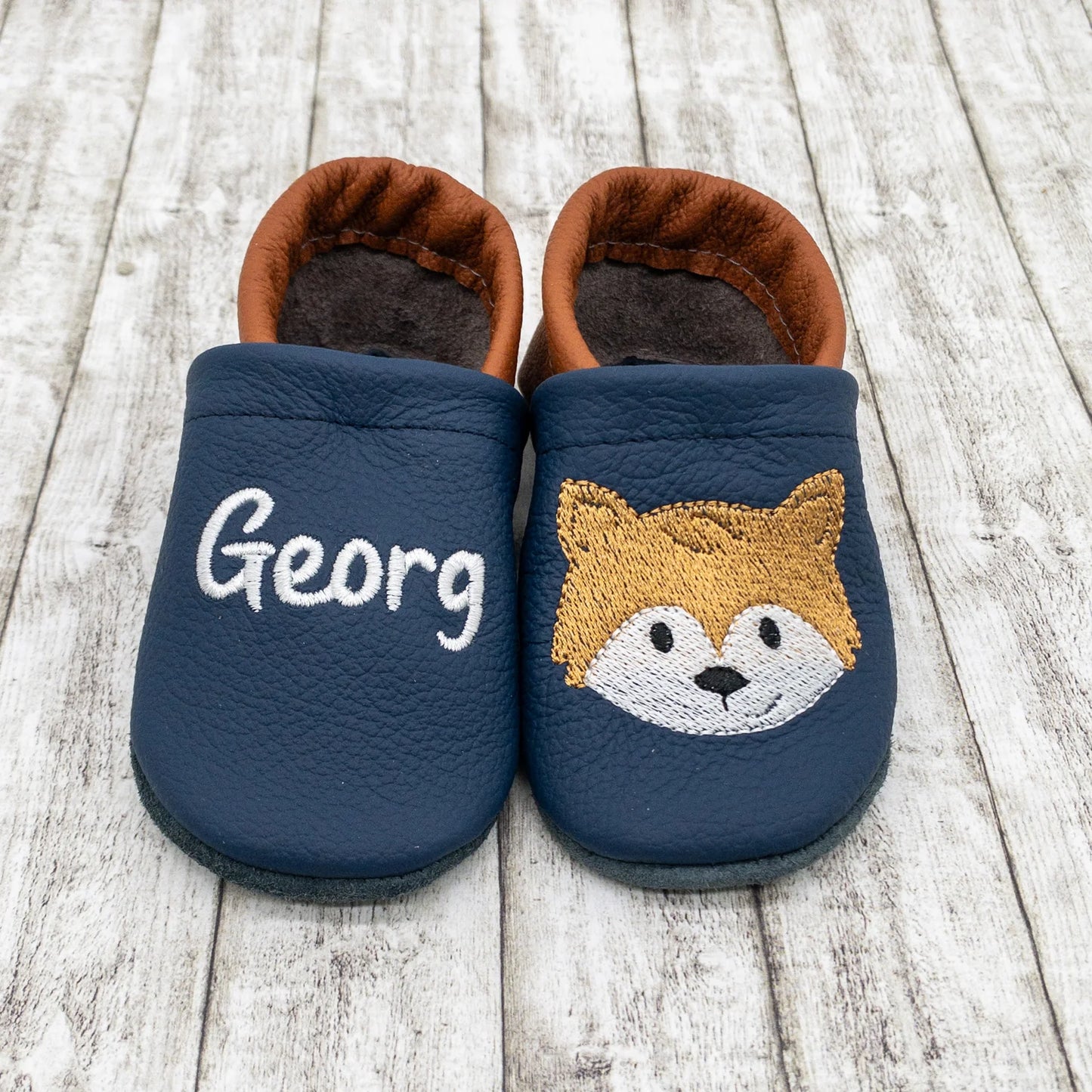 Krabbelschuhe aus Leder - personalisierbar mit Fuchs