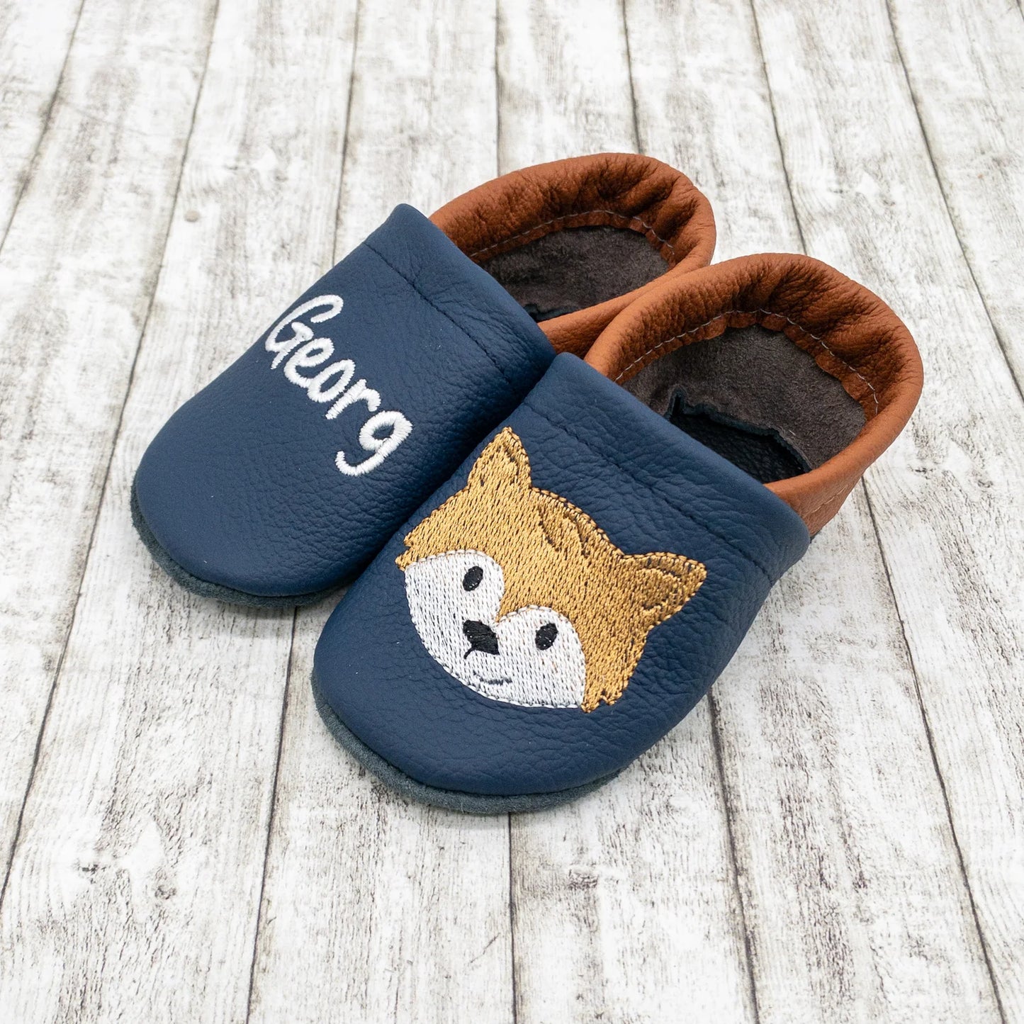 Krabbelschuhe aus Leder - personalisierbar mit Fuchs
