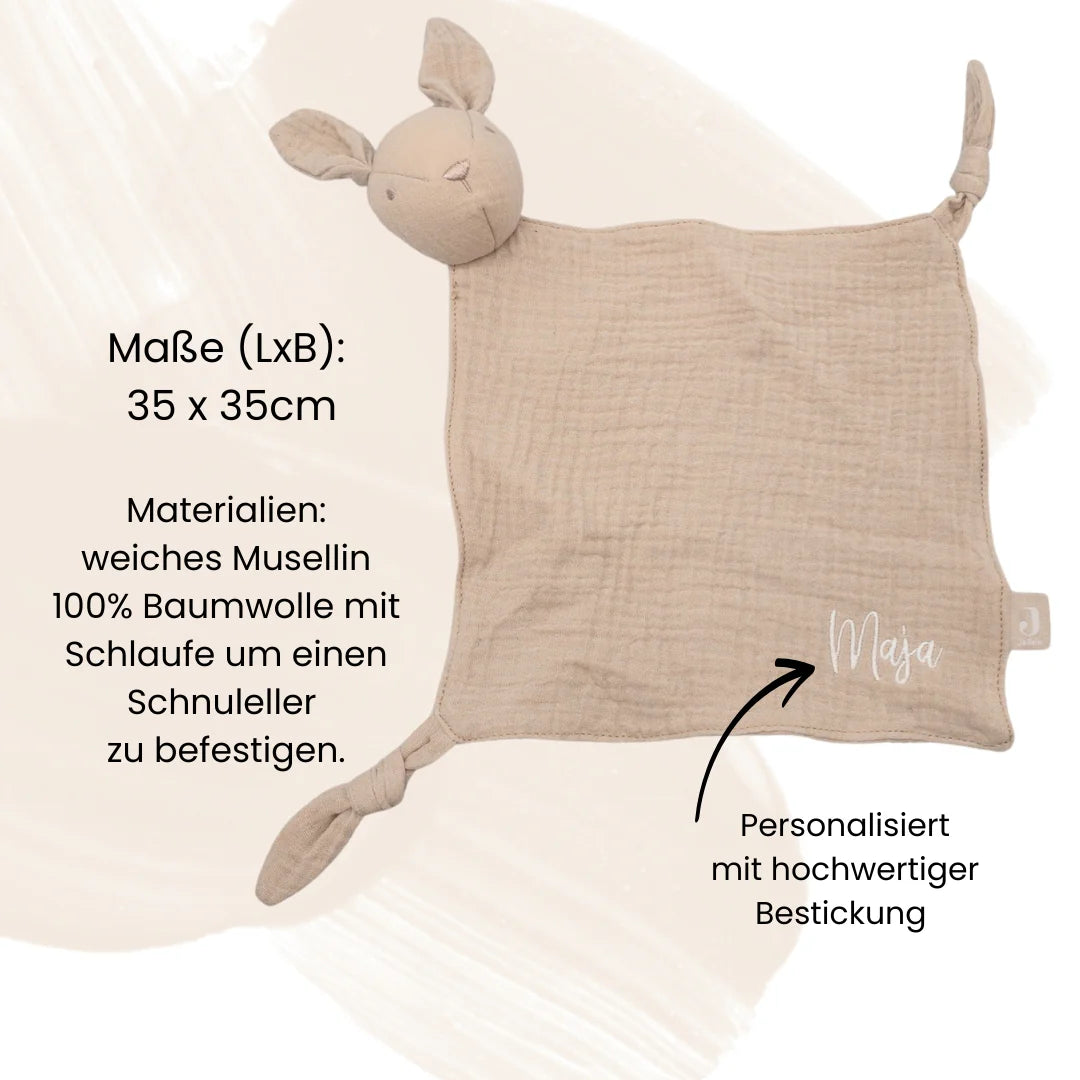 Schmusetuch Hase aus Musselin – mit Name bestickt & Schnullerhalter