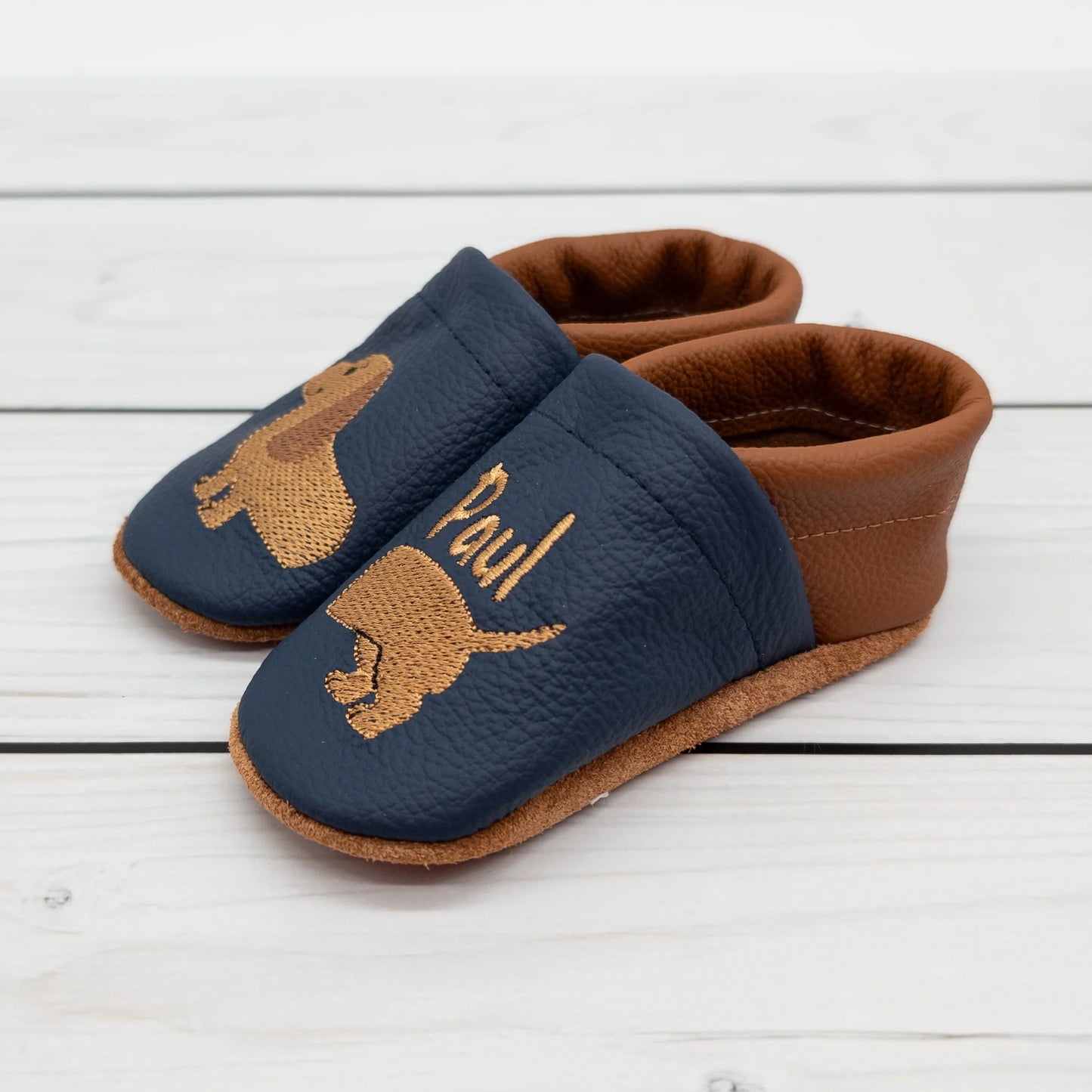 Krabbelschuhe aus Leder - personalisierbar Dackel