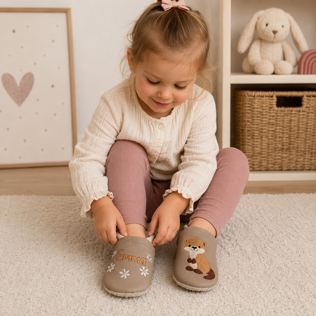 Personalisierte handgefertigte Lederpuschen mit süßem Otter-Motiv aus Echtleder