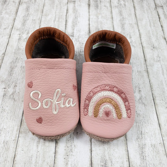 Krabbelschuhe aus Leder - personalisierbar mit verschiedenen Regenbogen