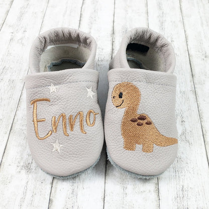 Krabbelschuhe aus Leder - personalisierbar mit Dino