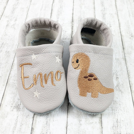 Krabbelschuhe aus Leder - personalisierbar mit Dino