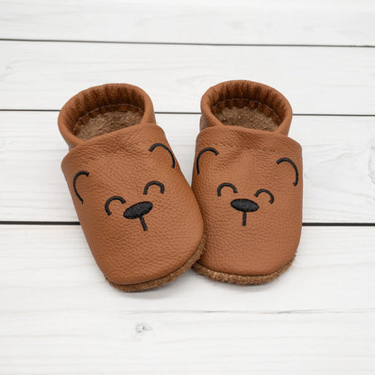 Krabbelschuhe aus Leder - personalisierbar mit Teddy Gesicht