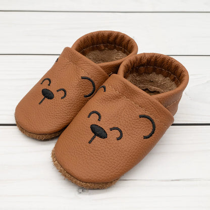 Krabbelschuhe aus Leder - personalisierbar mit Teddy Gesicht