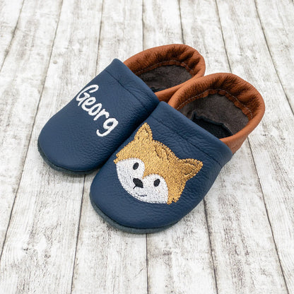 Krabbelschuhe aus Leder - personalisierbar mit Fuchs