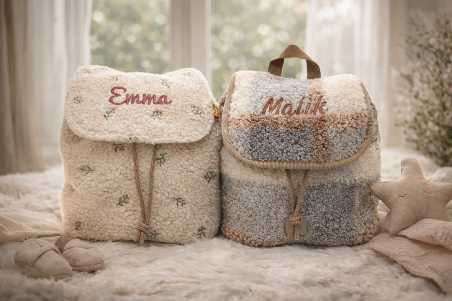 Personalisierter Teddy Kinderrucksack – Bouclé Rucksack für Baby & Kindergarten