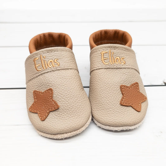Krabbelschuhe aus Leder - personalisierbar Stern