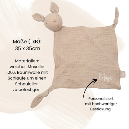 Schmusetuch Hase aus Musselin – mit Name bestickt & Schnullerhalter